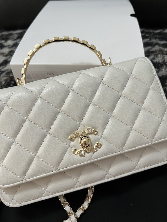 A96058 Chanel 24C Limited Edition Rhinestone Letter Handle Long woc Cosmetic Crossbody Bag With Drill Handle Lambskin Brushed Metal Hardware, Logo Letter Handle Exquisite and Noble, Buckle Cover Part of the Leather Wear 