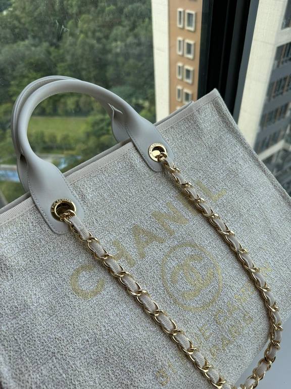 .     A66941 CHANEL Large Tote Beach Bag (Shopper) in Mixed Fiber, Calfskin Leather with Gold Gold Buckles, Size 30 x 39 x 22cm