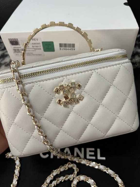 A96060 Chanel 24C Limited Edition Rhinestone Letter Handle Long Box Bag Cosmetic Slanting Bag with Drill Handle Lambskin Brushed Metal Hardware, Logo Letter Handle Exquisite and Noble, Buckle Cover Part of the Leather We