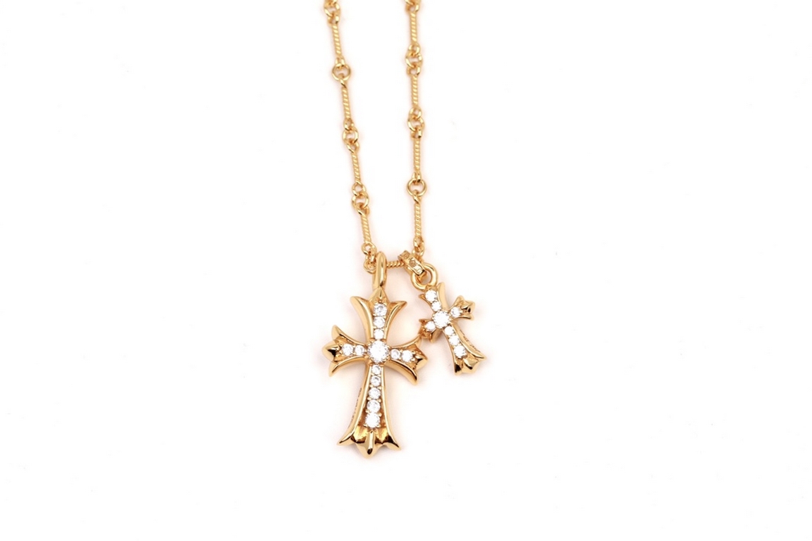 Crocentric 22k Gold Plated Double Cross NecklaceThe material 925 is vacuum plated to preserve the color for a long time Version of the counter 22k counterpart.The lettering and inlay method is the same. The difference be