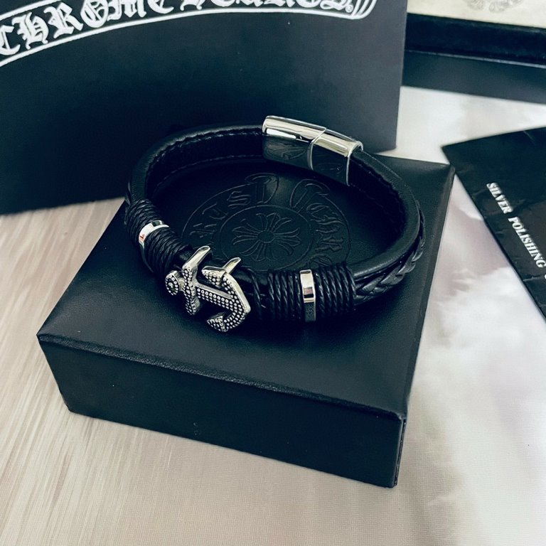 New Chrome He@rts Kroxin Classic Anchor  Leather Strap Bracelet ~ Genuine Open Mold   Trendy Fashion Essentials Men and Women Can Wear Couple's Models Same Rock Punk Thai Silver Style Retro Elements Trendy Hundreds of Of