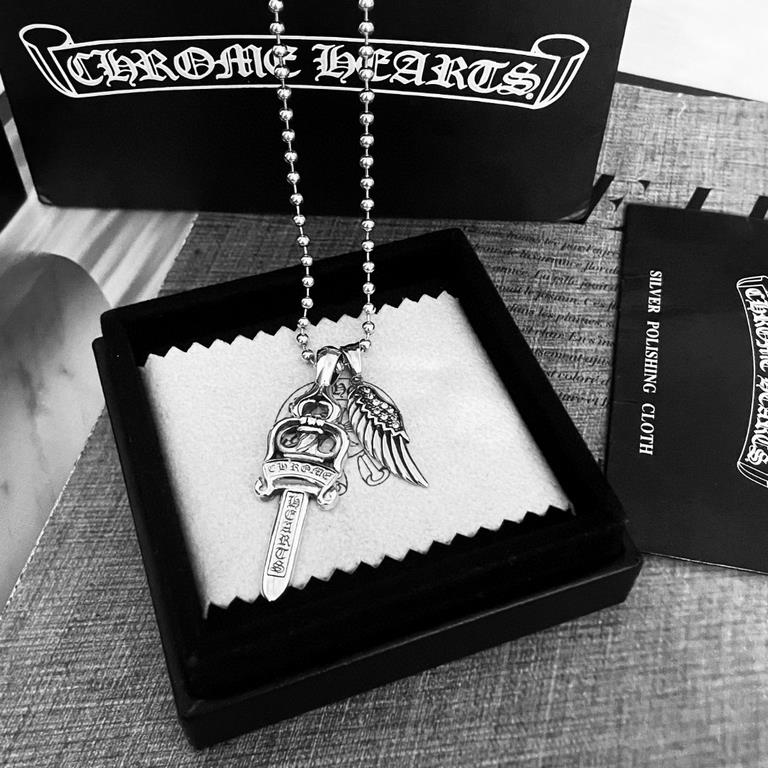 New counter crafted version Chrome He@rts Crocentric sword  feather pendant pearl chain retro necklace original replica pure handmade ～ genuine open mold   trend of fashion essential men and women can wear couples models