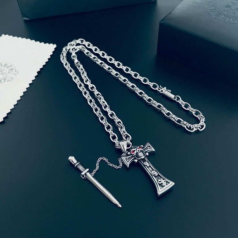 Counter new Chrome Hearts   Crowe heart vintage skull sword pendant letters necklace original craftsmanship crafted quality pure handmade ～ genuine open mold   trend fashion essential men and women can wear couple models