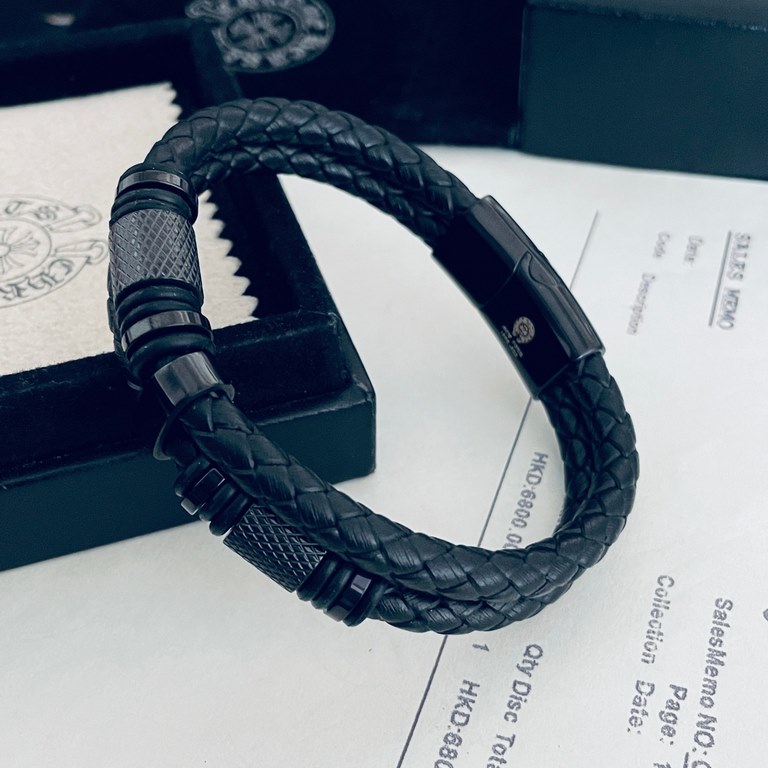 Chrome He@rts Kroxin counter with the same classic leather cord bracelet ~ genuine open mold   trend fashion essential men and women can wear couple models with the same rock punk Thai silver style retro elements trendy 