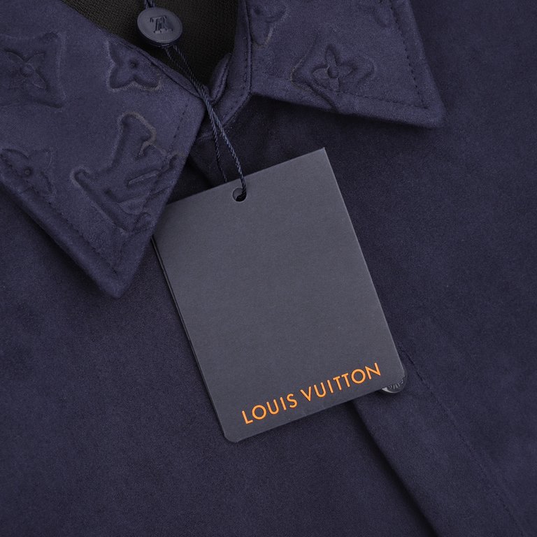 Next day shipping  360 (support put in store)LouisVuitton Pocket Old Flower Flocked Leather Shirt JacketCustom velvet leather flocked shirt, using high-count ultra-high density plain bottom fixed dyeing bias bluish black