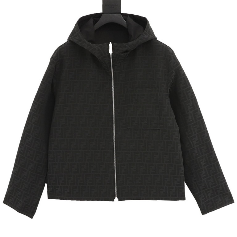 Next day shipping  450 (support put in store)Fendi Reversible Zipper Jacket CoatComposite cotton fabric, double-sided jacquard fabric, black and silver leather, openwork zipper, high collar and short version, matte black