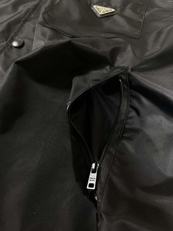 P278 New PRAD.A Nylon Short Sleeve Shirt Jacket Oversize Shirt Constructed with Re-Nylon recycled nylon fabric Trimmed with large patch pockets with accessory straps Custom Imported Nylon Fabric Custom Triangle Label and