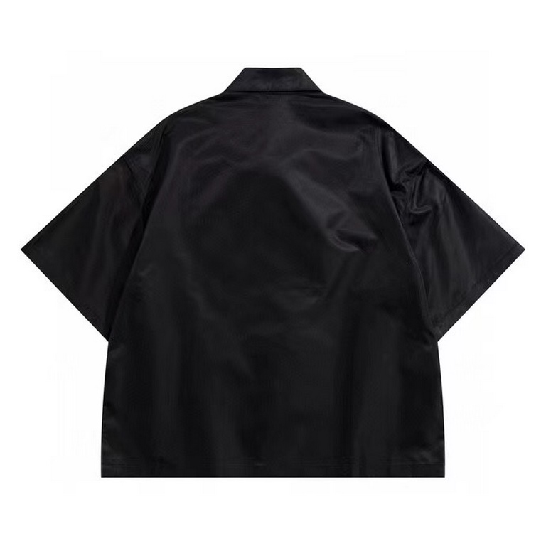 P278 New PRAD.A Nylon Short Sleeve Shirt Jacket Oversize Shirt Constructed with Re-Nylon recycled nylon fabric Trimmed with large patch pockets with accessory straps Custom Imported Nylon Fabric Custom Triangle Label and