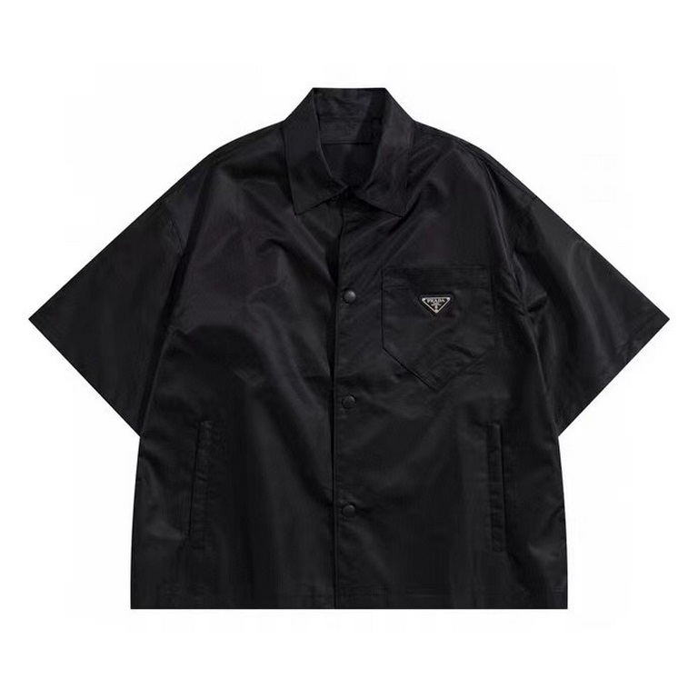 P278 New PRAD.A Nylon Short Sleeve Shirt Jacket Oversize Shirt Constructed with Re-Nylon recycled nylon fabric Trimmed with large patch pockets with accessory straps Custom Imported Nylon Fabric Custom Triangle Label and