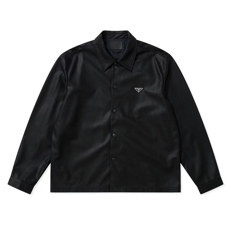 P333 PRAD New Black Lambskin Shirt Jacket Full size shipping now. Customized imported soft sheepskin material. Customized black triangle label. Customized placket zipper. Customized 20mm pull horn button. Customized 15mm