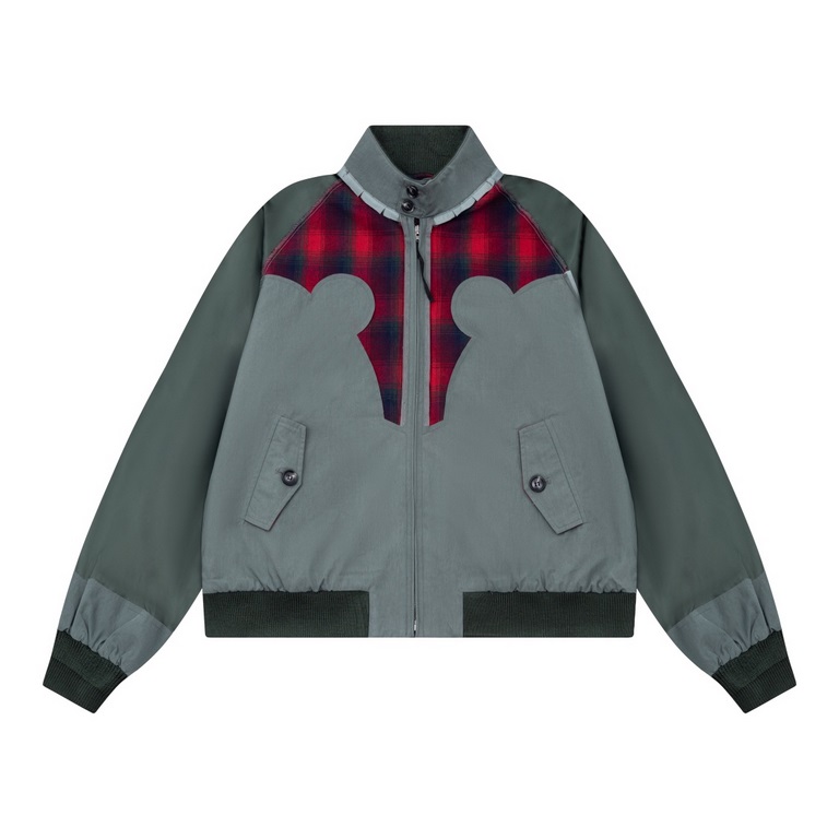 P445 Mason Mariela 2023 FW FallWinter NewLong-sleeved stand-up collar jacket with heavy-duty stitchingColorful plaid cutouts for specific shapesReverse stitching at shoulders and sleevesExposed cut linesHole in the colla