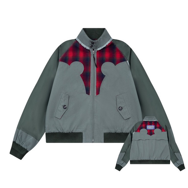 P445 Mason Mariela 2023 FW FallWinter NewLong-sleeved stand-up collar jacket with heavy-duty stitchingColorful plaid cutouts for specific shapesReverse stitching at shoulders and sleevesExposed cut linesHole in the colla