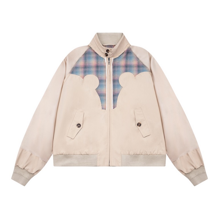 P445 Mason Mariela 2023 FW FallWinter NewLong-sleeved stand-up collar jacket with heavy-duty stitchingColorful plaid cutouts for specific shapesReverse stitching at shoulders and sleevesExposed cut linesHole in the colla