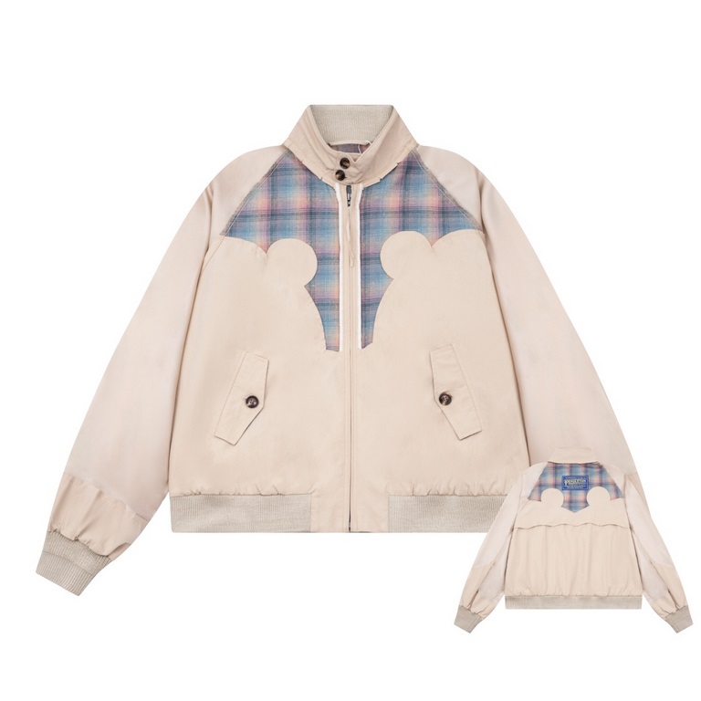 P445 Mason Mariela 2023 FW FallWinter NewLong-sleeved stand-up collar jacket with heavy-duty stitchingColorful plaid cutouts for specific shapesReverse stitching at shoulders and sleevesExposed cut linesHole in the colla