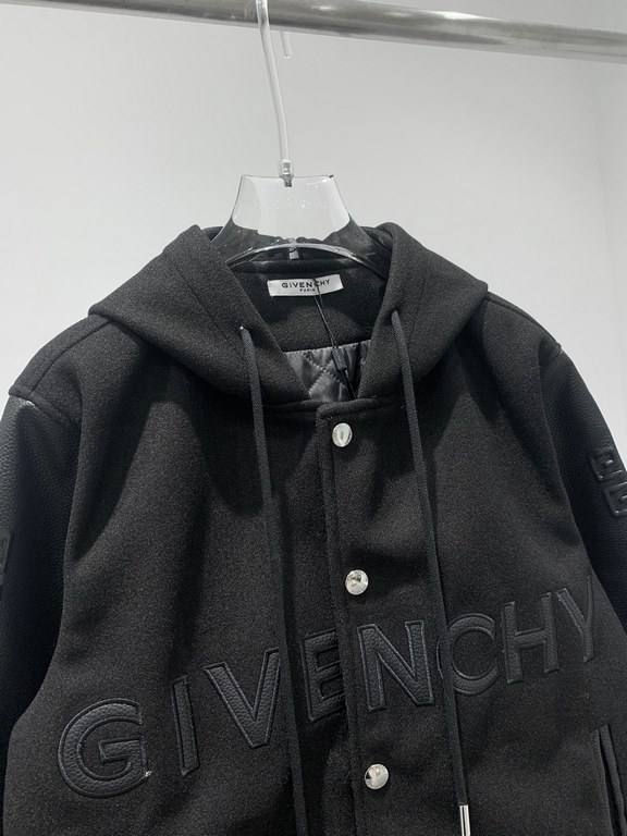 335 New Givenchy Givenchy 23ss Baseball Jacket Jacket Cotton Hooded Coat, wool tweed thickness moderate, sleeve arm leather, genuine leather, non-artificial leather, thick full and rounded! Chest imported embroidery  lea