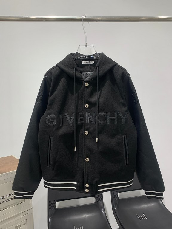 335 New Givenchy Givenchy 23ss Baseball Jacket Jacket Cotton Hooded Coat, wool tweed thickness moderate, sleeve arm leather, genuine leather, non-artificial leather, thick full and rounded! Chest imported embroidery  lea