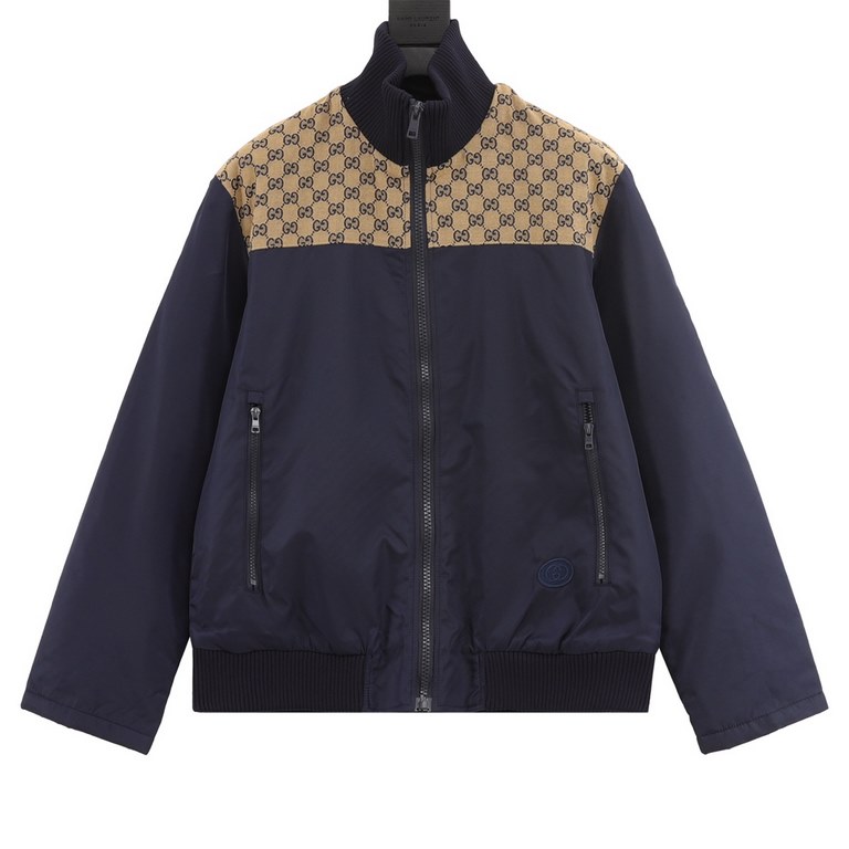 Next day shipping  450 (support put in store)GUCCIGucci Patchwork Zip Jacket CoatOriginal ￥173,200 purchase, Navy nylon canvas, GG canvas over-the-shoulder piping, interlocking double G embroidered appliqués, ribbed pipi