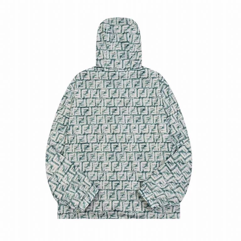 P325 Fend Fendi Green FF Nylon Jacket (Reversible)Fabric made of nylon Trimmed with an all-over fringe effect light green old-fashioned floral print.With hood and side zipper pockets Hood with adjustable drawstring, draw