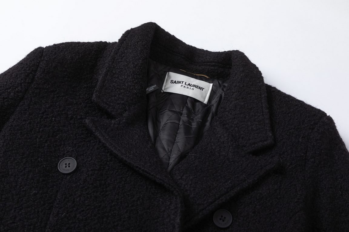 445 #SAINT LAURENTSaint Laurent FW23 Pure Color Double Breasted Mid-Length Wool CoatColor blackSize S M L