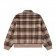 p465 Ceine 2023 FW fall and winter newPlaid lapel long-sleeved jacketCustomized tweed fabricLogo embroidery on front chestBrown color for added ambianceRibbed knit at the hem of the sleevesSlightly loose fit Not too fuss