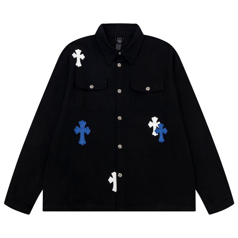 P 310 (top version, differentiated)Chrome Hearts Leather Cross Patch Leather Embroidered Shirt Jacket !OS fit can be worn by both men and women! The fabric is made of twill yarn carded cotton! The grain is clear and smoo