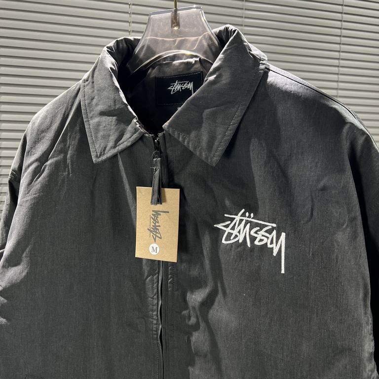 320 Stussy Stussy 23Fw Washed and Aged Embroidered Lapel Coach Jacket Cotton Coat Jacket Stussy Winter New Recommendations Lapel Coach Jacket Loose Fit Lapel Zipper Hem Drawstring Fabric washed and aged Texture Gray and 