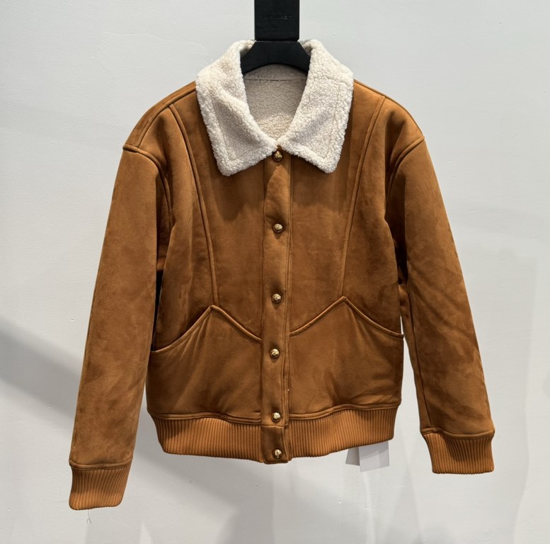 500 CELINE CELINE 23FW fall and winter new meridian vintage gold button brown lamb wool short jacketSIZE 36384042