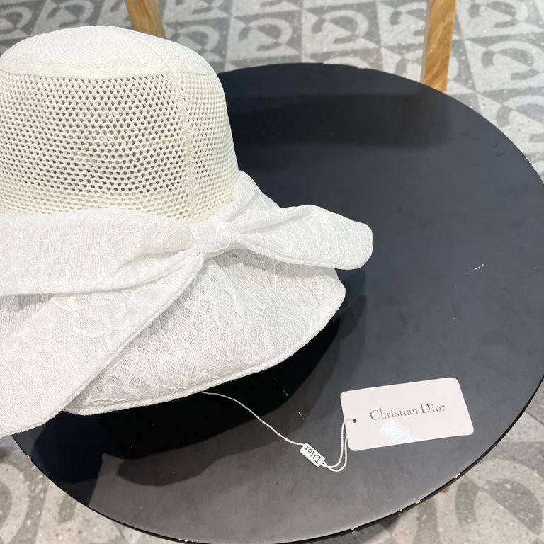 DIOR Dior large-brimmed sun hat summer fashion lace bow fisherman hat female foldable sun hat face sun hat