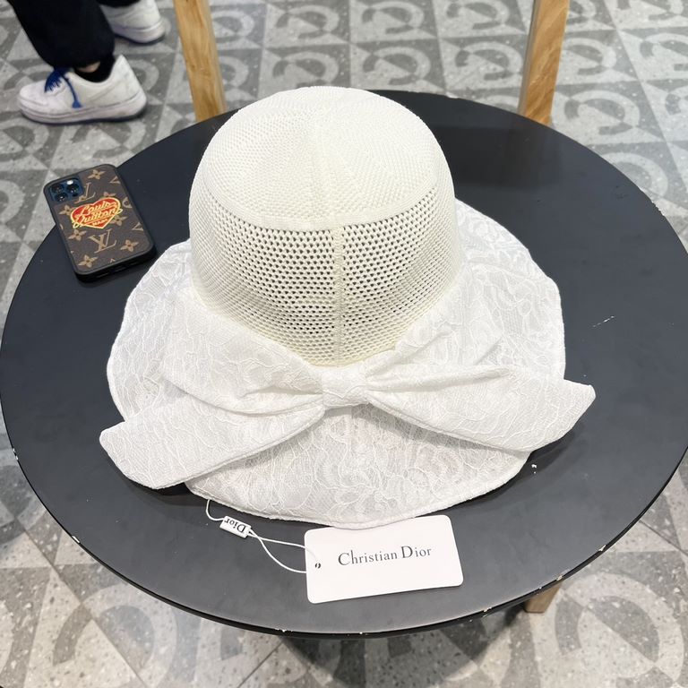 DIOR Dior large-brimmed sun hat summer fashion lace bow fisherman hat female foldable sun hat face sun hat