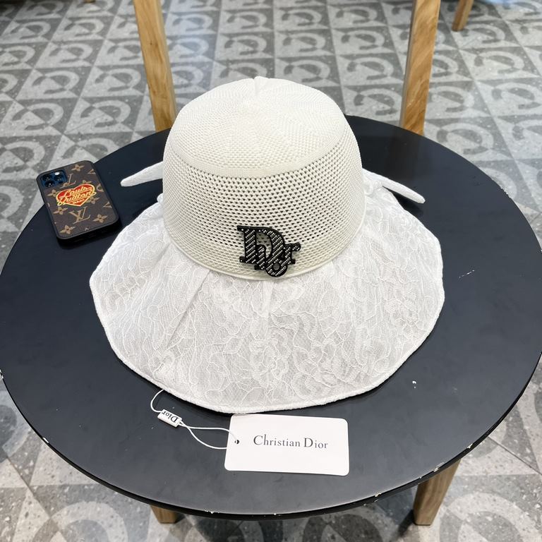 DIOR Dior large-brimmed sun hat summer fashion lace bow fisherman hat female foldable sun hat face sun hat