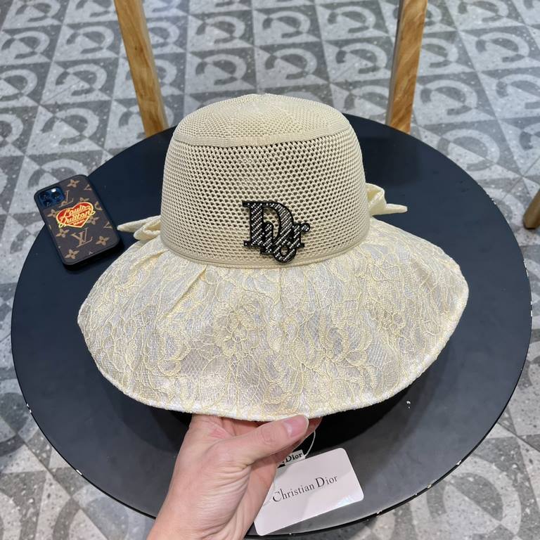 DIOR Dior large-brimmed sun hat summer fashion lace bow fisherman hat female foldable sun hat face sun hat