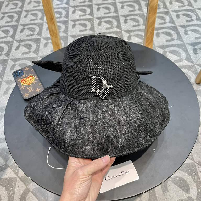 DIOR Dior large-brimmed sun hat summer fashion lace bow fisherman hat female foldable sun hat face sun hat