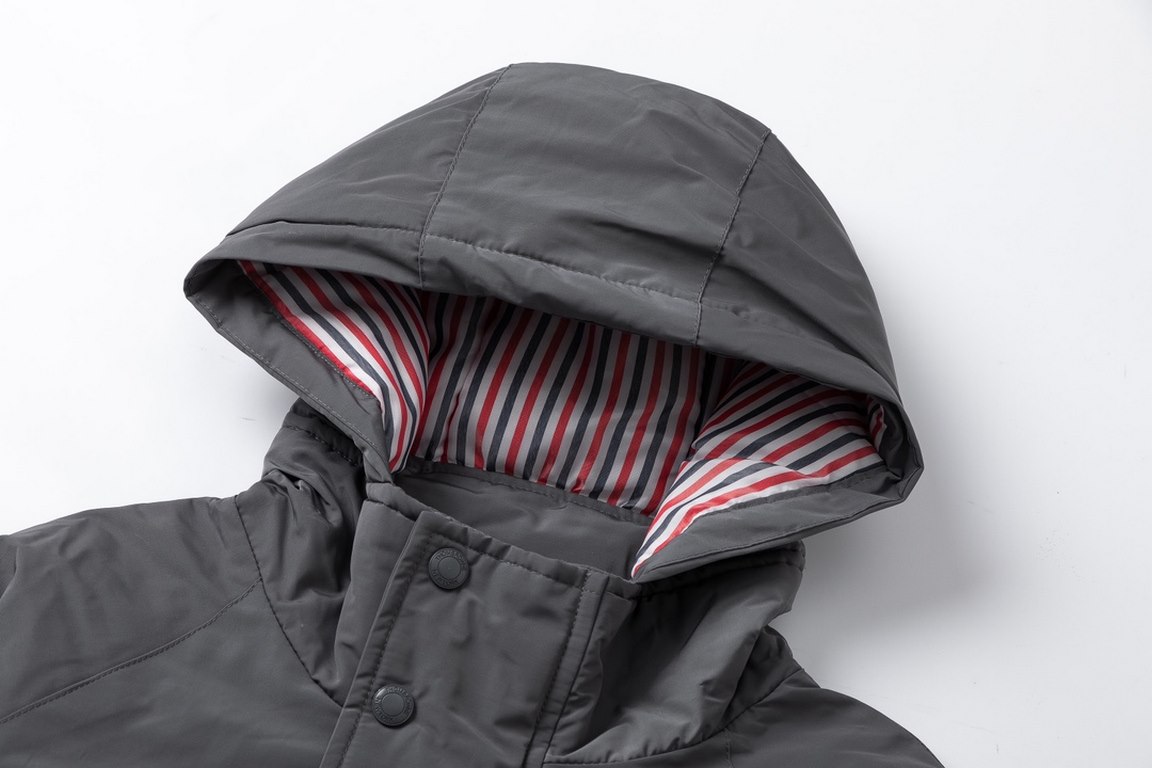 P475.#Thom BrowneThom Browne Classic Four Bar Loose Hooded Men's and Women's Mid-Length White Duck Down Thickened Breaded Down JacketColor Gray, navy blueSize S M L