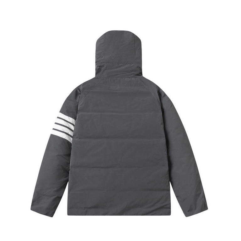 P475.#Thom BrowneThom Browne Classic Four Bar Loose Hooded Men's and Women's Mid-Length White Duck Down Thickened Breaded Down JacketColor Gray, navy blueSize S M L