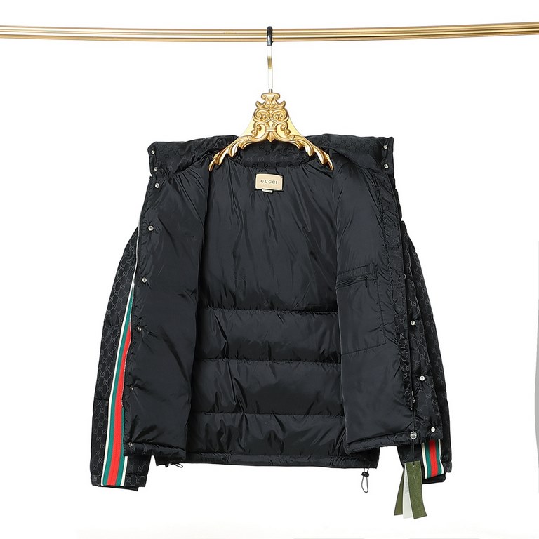 P615 GUCCI Gucci SS23 official new full print dark jacquard red and green webbing hooded detachable down jacket Cooling quality control newColor BlackSize 46 48 50 52Size ChartLength Chest Shoulder Width Sleeve LengthSiz