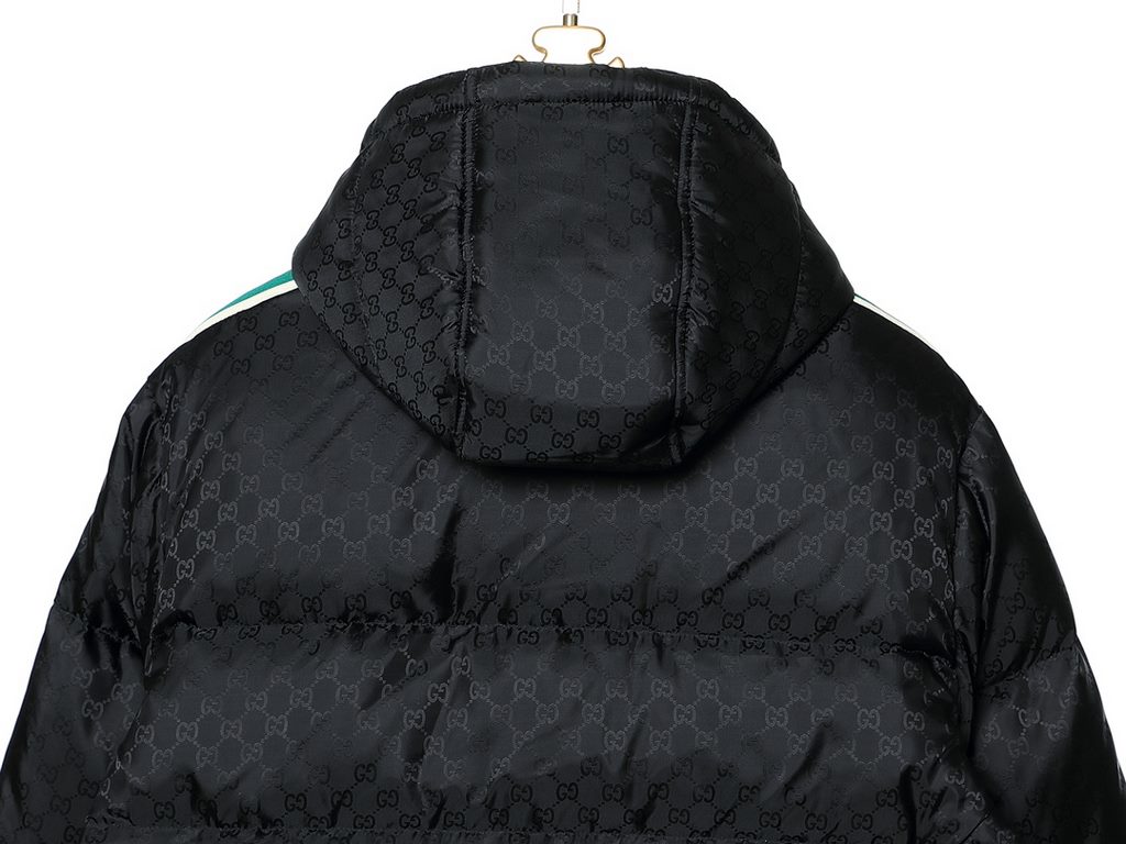 P615 GUCCI Gucci SS23 official new full print dark jacquard red and green webbing hooded detachable down jacket Cooling quality control newColor BlackSize 46 48 50 52Size ChartLength Chest Shoulder Width Sleeve LengthSiz