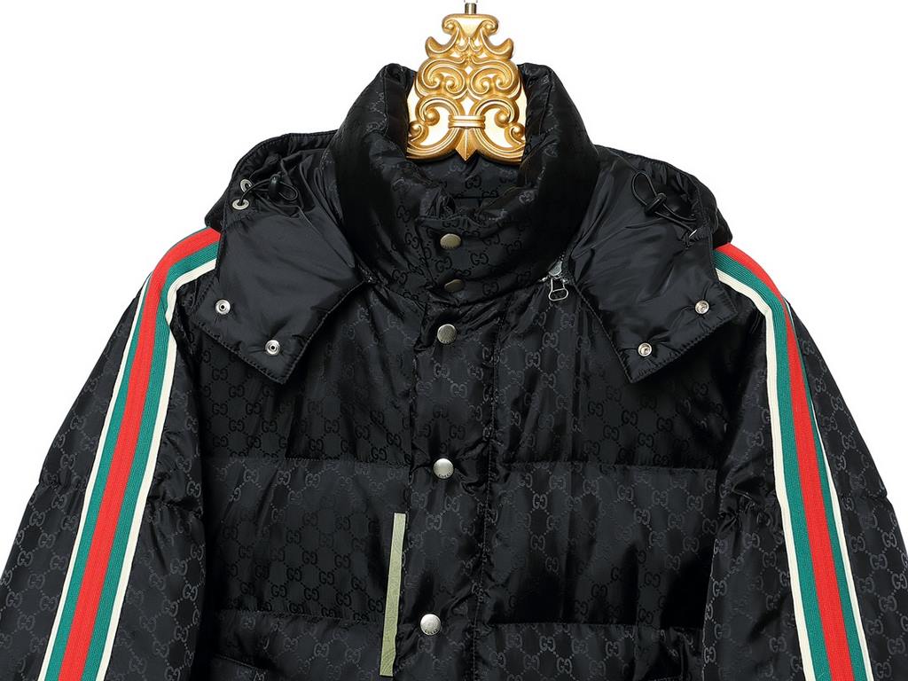 P615 GUCCI Gucci SS23 official new full print dark jacquard red and green webbing hooded detachable down jacket Cooling quality control newColor BlackSize 46 48 50 52Size ChartLength Chest Shoulder Width Sleeve LengthSiz