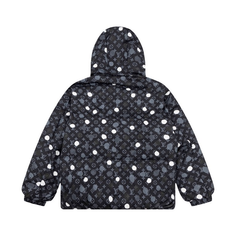 P655 1V   Yayoi Kusama Limited Co-branded CollectionClassic shape down jacketWhite duck down liningIconic infinity polka dot print all overAll-over Monogram jacquard interlocking patternSubtle hand-painted effectDetachab