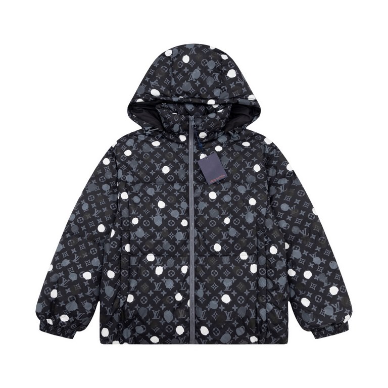 P655 1V   Yayoi Kusama Limited Co-branded CollectionClassic shape down jacketWhite duck down liningIconic infinity polka dot print all overAll-over Monogram jacquard interlocking patternSubtle hand-painted effectDetachab