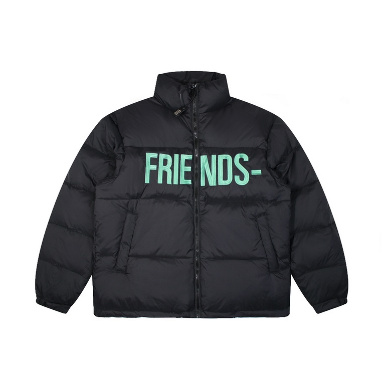 430 Vlone Friends Black and Green Embroidered Letter Down JacketBlack is the color that won't go wrong in winter, black down jacket with green embroidery embellishment, winter out cool and warm, long wearing not tired, t