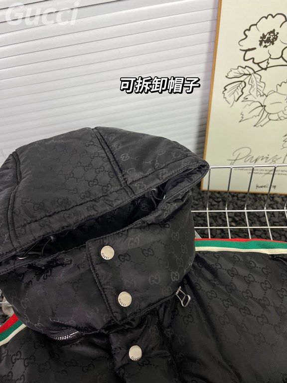 P565 Model No. Y90 [official quality].GUCCI Gucci 23ss official website new full print dark pattern jacquard red and green webbing down jacket Hat removable (new national standard 80 down) # fabric customized original hi