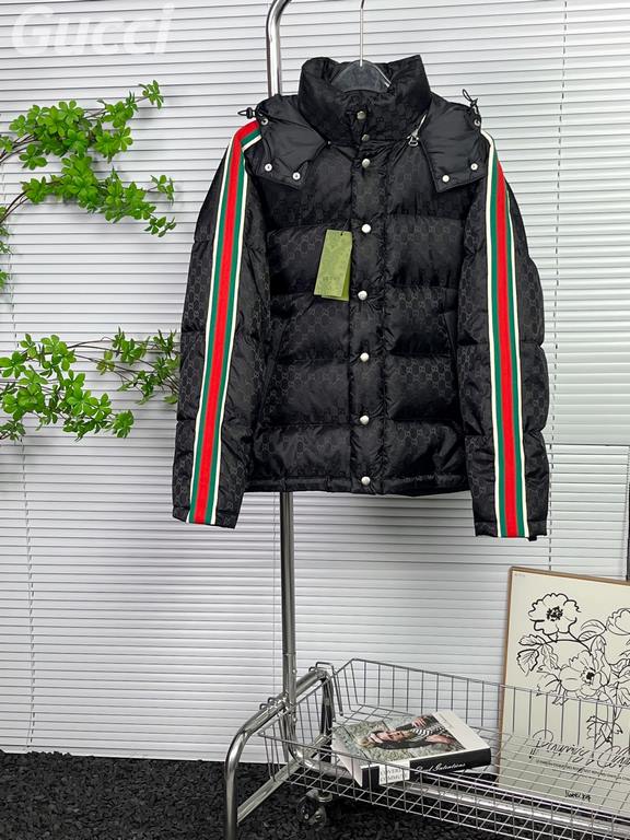 P565 Model No. Y90 [official quality].GUCCI Gucci 23ss official website new full print dark pattern jacquard red and green webbing down jacket Hat removable (new national standard 80 down) # fabric customized original hi