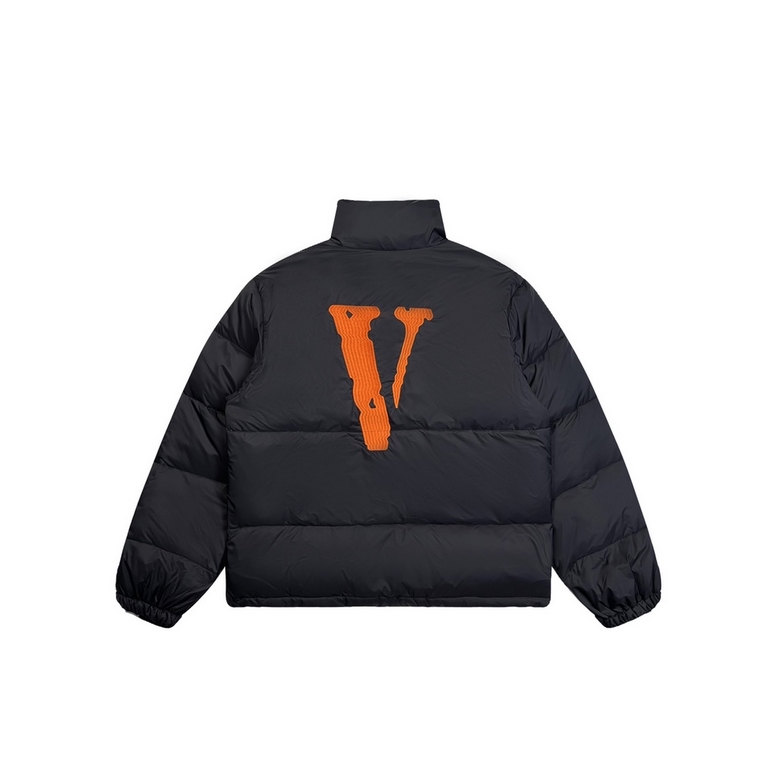 430 Vlone Classic Big V Logo Black and Orange Embroidered Down JacketImported 45D cotton memory matte fabric, feel comfortable and smooth, wear better, the new national standard 80 zero white duck down, 350 grams of down