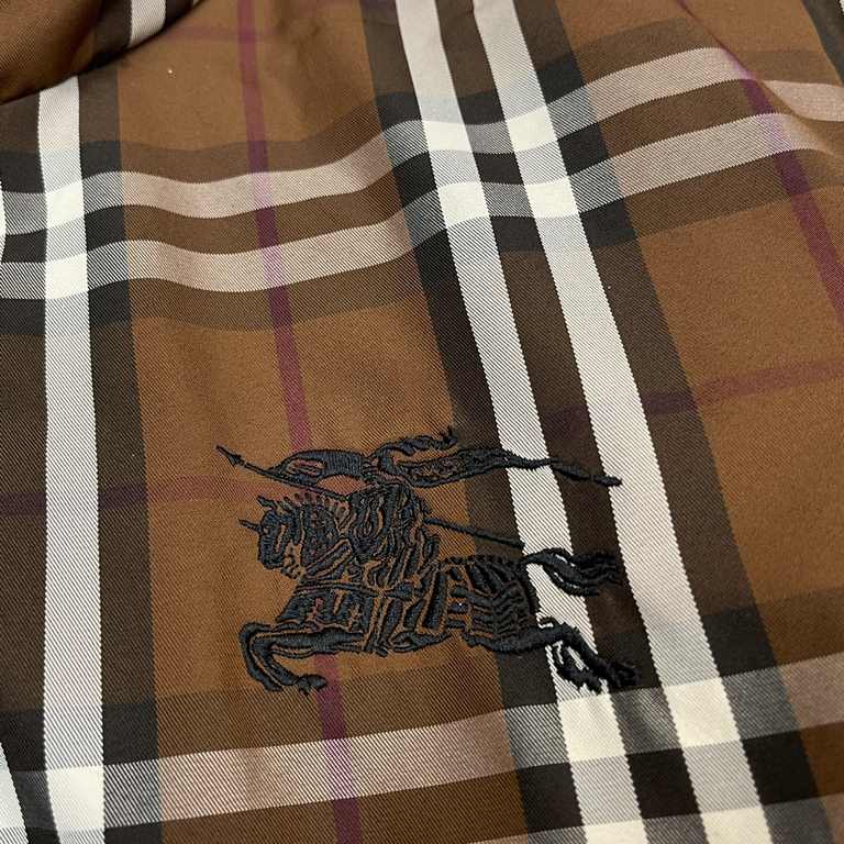 P715BurberrBbr Burberry 23 fall and winter new war horse rider letters embroidered classic plaid printed stand-up collar long sleeve goose down down jacket zipper jacketSize：SMLXLOriginal imported memory silk fabric text