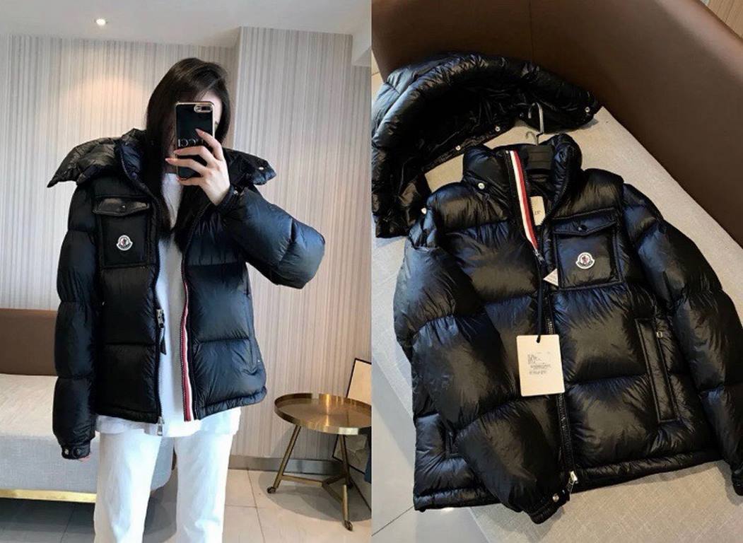 Consultation Figure 1-#M05Moncler Moncler Hidden Placket Webbing Montbeliard Collection Ski Season Solid Color Hooded Short Warm Down Jacket Men's Black