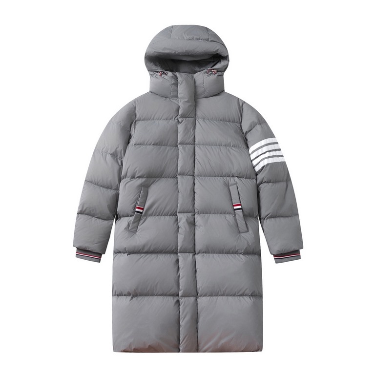 680  #ThomBrowneThomBrowne 2023 counter new classic four-bar hooded men and women with the same couple paragraph long large quilt down coat jacketColor Black GraySize S M L XL