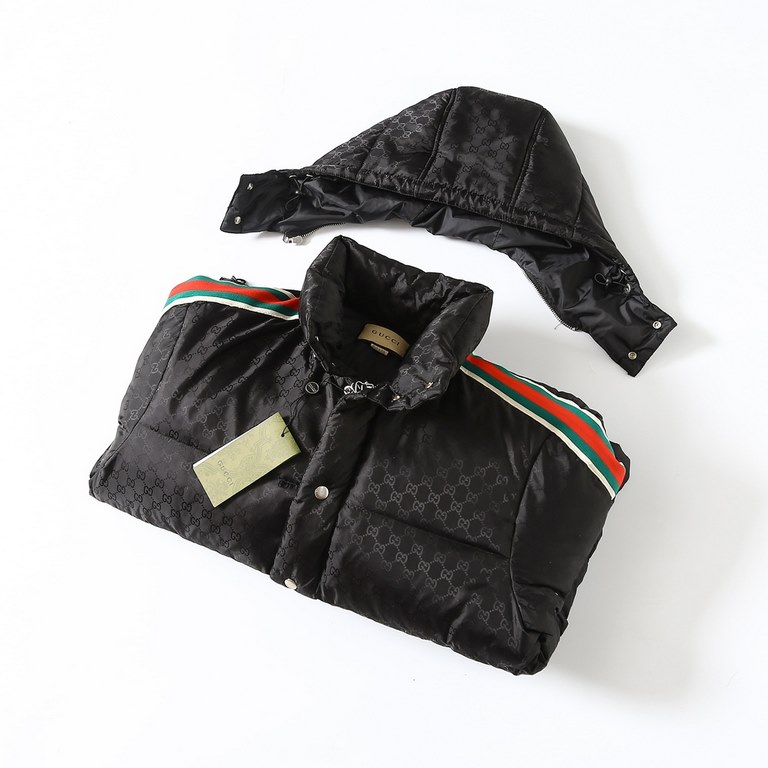 P585 onlyGUCCI Gucci SS23 official website new full print dark jacquard red and green webbing down jacket Hat removable (new standard 80 fleece)Material customized original high-density jacquard nylon spinning waterproof