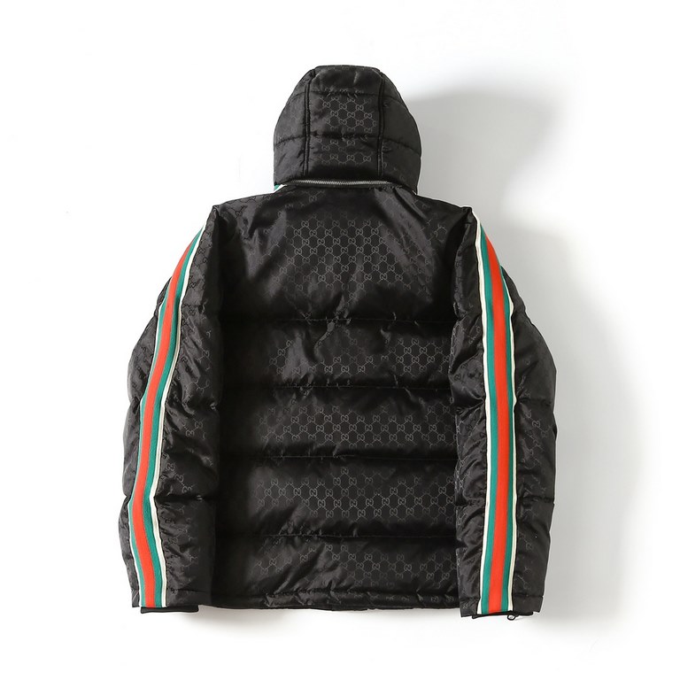 P585 onlyGUCCI Gucci SS23 official website new full print dark jacquard red and green webbing down jacket Hat removable (new standard 80 fleece)Material customized original high-density jacquard nylon spinning waterproof