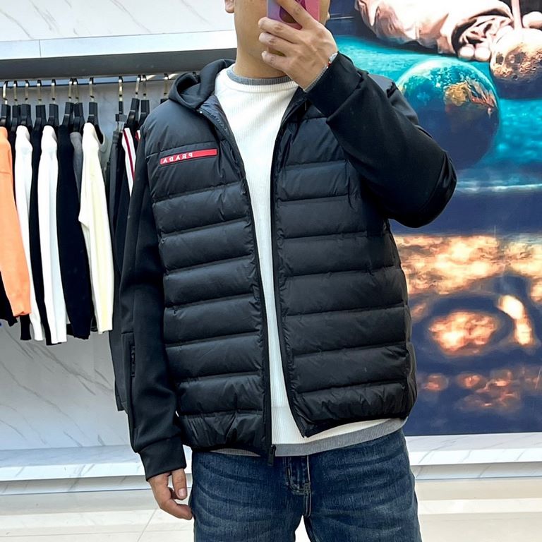 Prada Prada , 23ss fall and winter men's tide air layer splicing zipper hooded down jacket jacketPD Prada fall and winter new style! Trade order! Air layer splicing down hooded model casual jacket! A very wearable one in