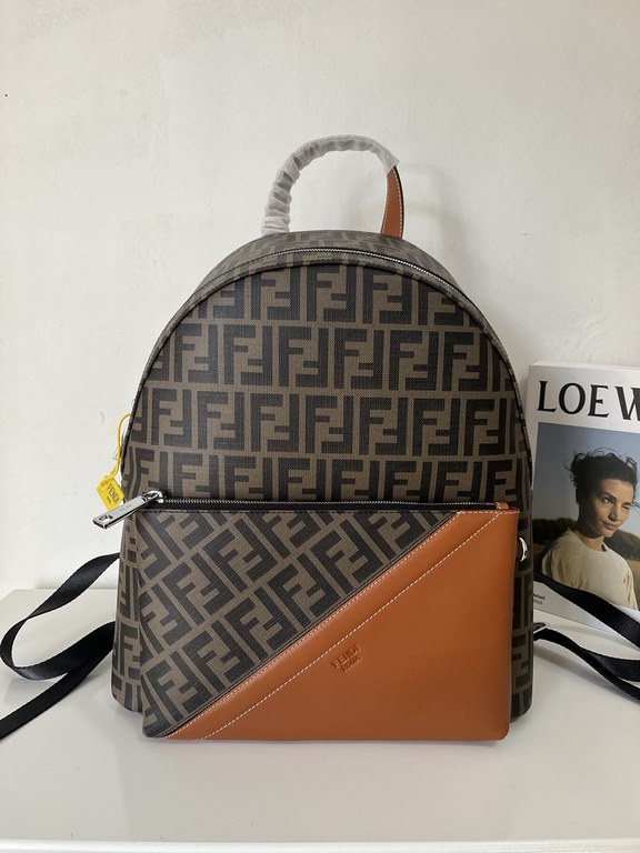 Original Stock .FENDI (Fendi   2034-1 Black) 2021 winter new men's double F jacquard shoulder bag with curved top handle, adjustable shoulder strap and full front coverage of high-tech logo mesh fabric. Top cowhide leath